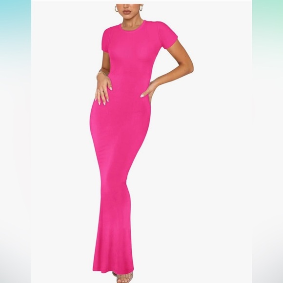 NWT REORIA rose red Long Dress Elegant Short Sleeve Crew Neck Bodycon Maxi Dress - Picture 1 of 7